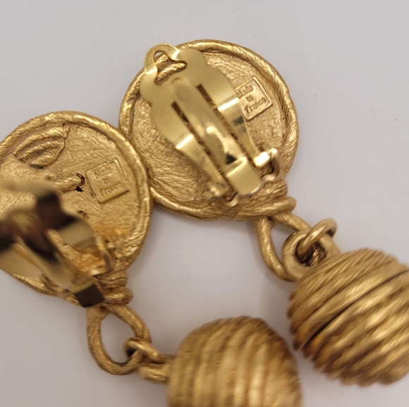 Vintage Balenciaga Gold Plated Button Dangle Earrings - Picture 3 of 3